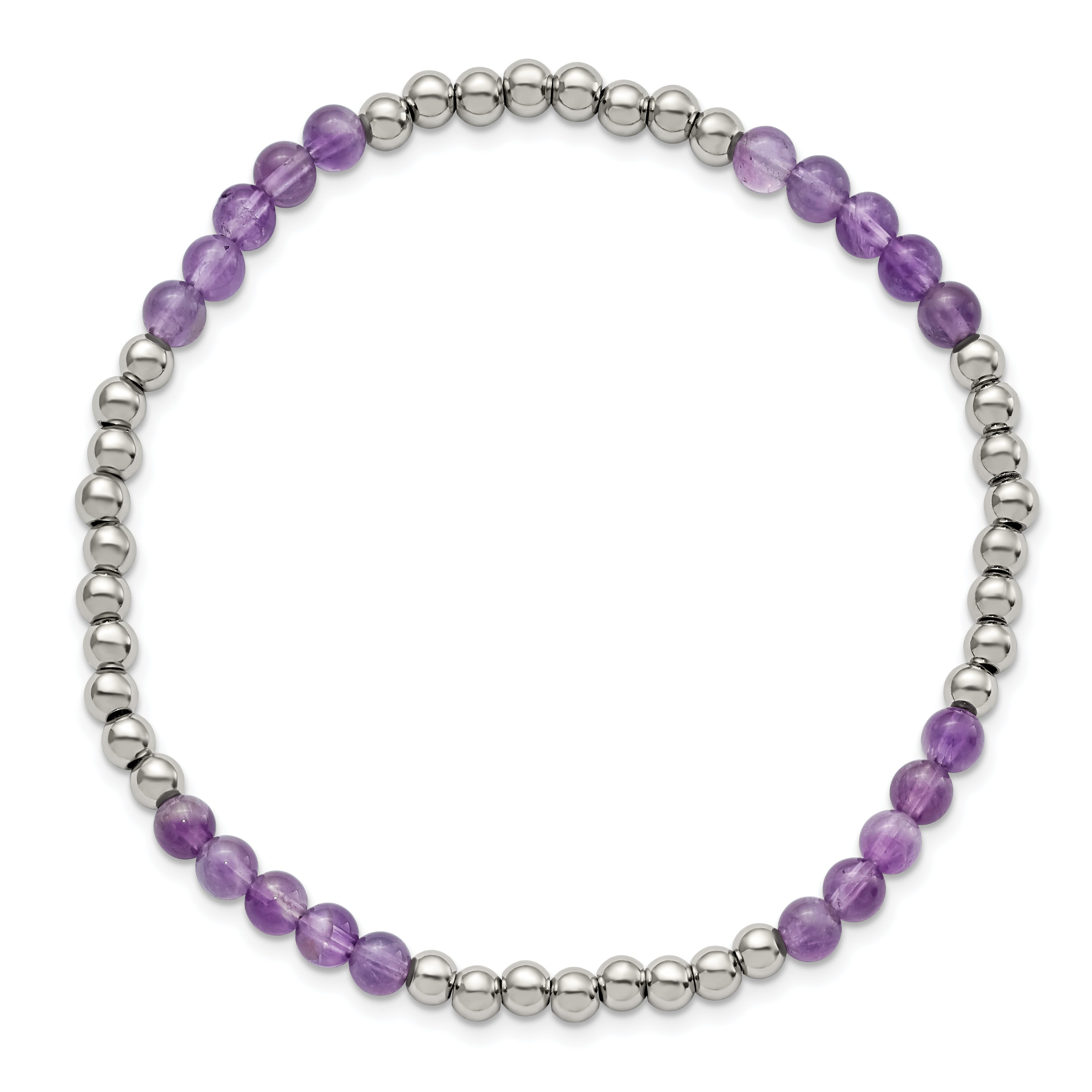 Chisel Stainless Steel Polished 4mm Purple Zebra Amethyst Beaded Stretch Bracelet