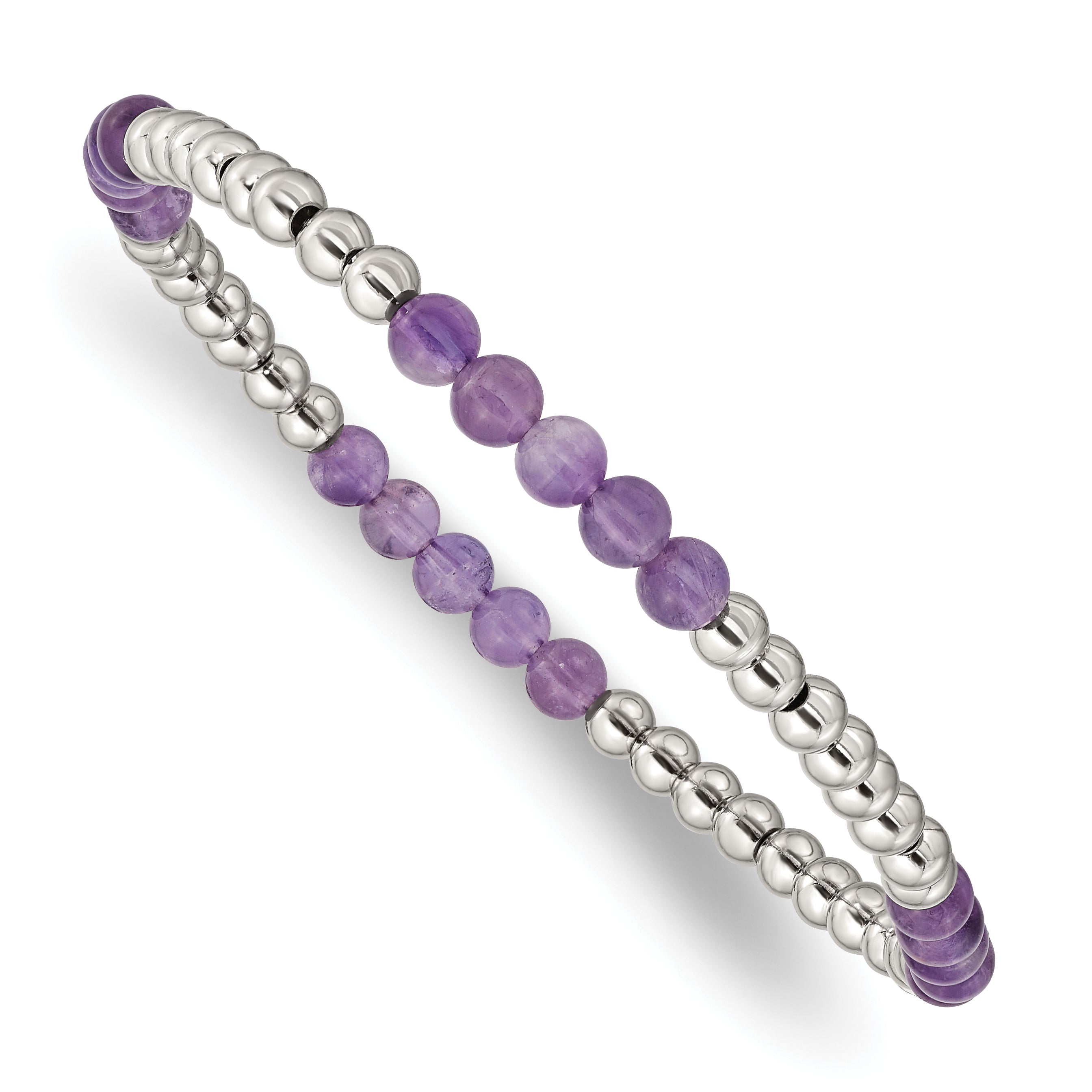 Chisel Stainless Steel Polished 4mm Purple Zebra Amethyst Beaded Stretch Bracelet