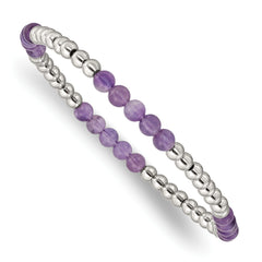 Chisel Stainless Steel Polished 4mm Purple Zebra Amethyst Beaded Stretch Bracelet