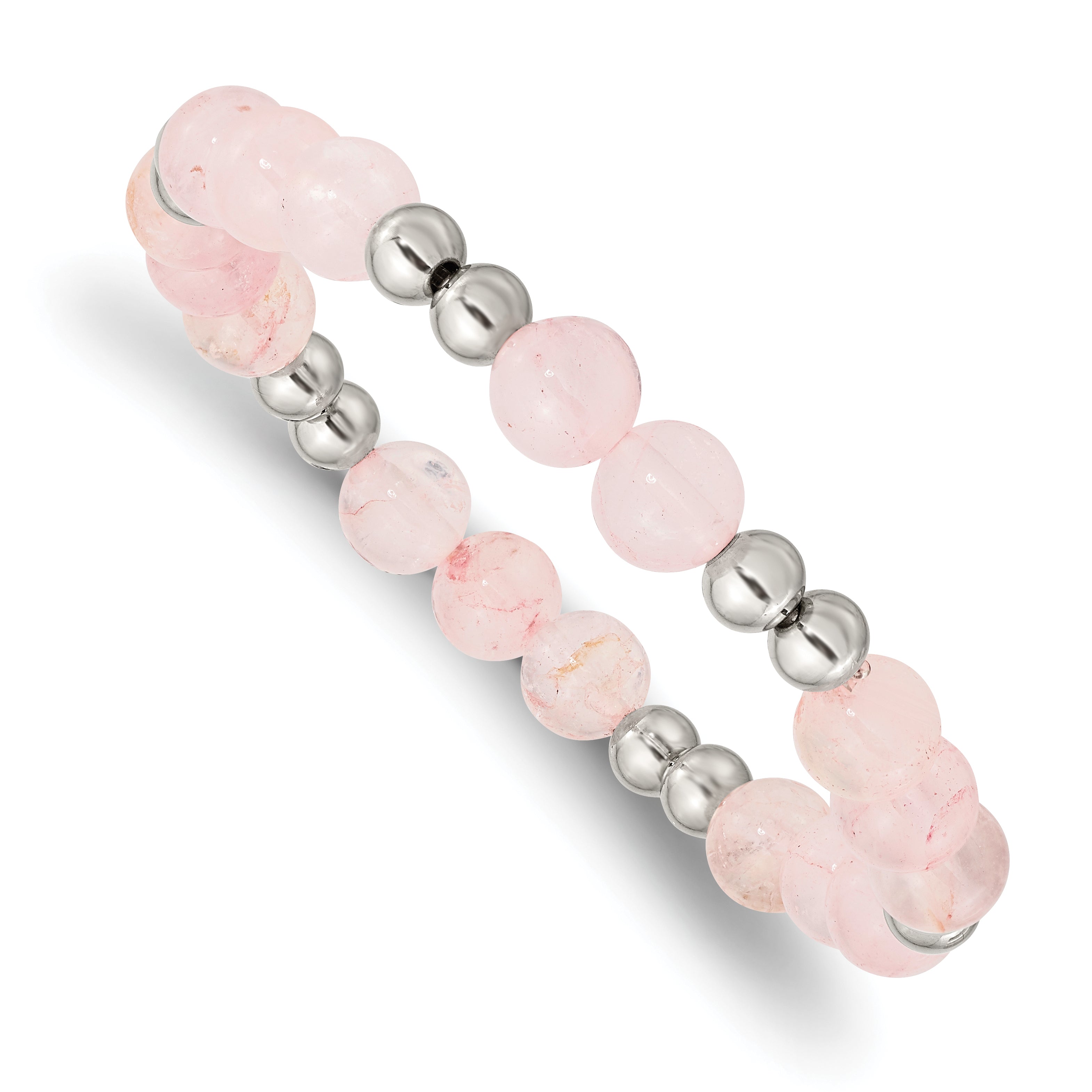 Chisel Stainless Steel Polished 6-8mm Pink Quartz Beaded Stretch Bracelet