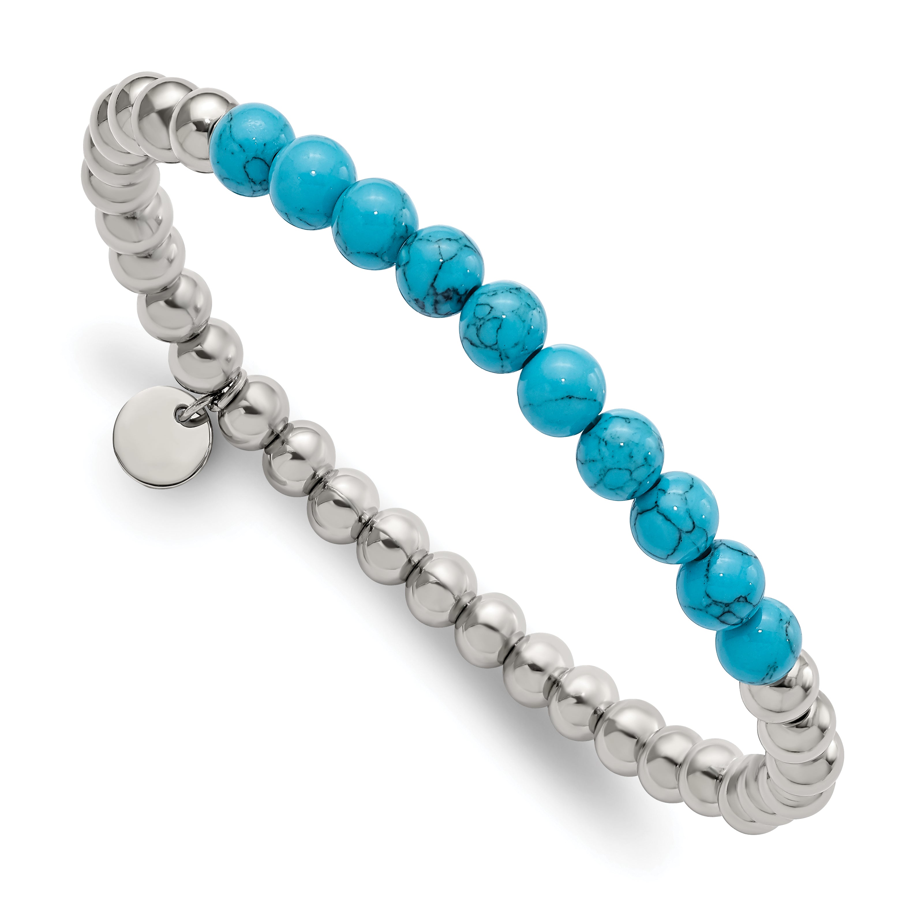 Chisel Stainless Steel Polished 6mm Synthetic Turquoise Beaded Stretch Bracelet