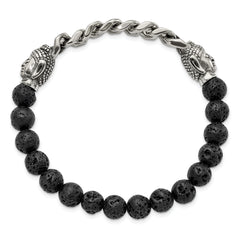 Chisel Stainless Steel Antiqued and Polished Buddha 8mm Lava Stone Beaded Stretch Bracelet