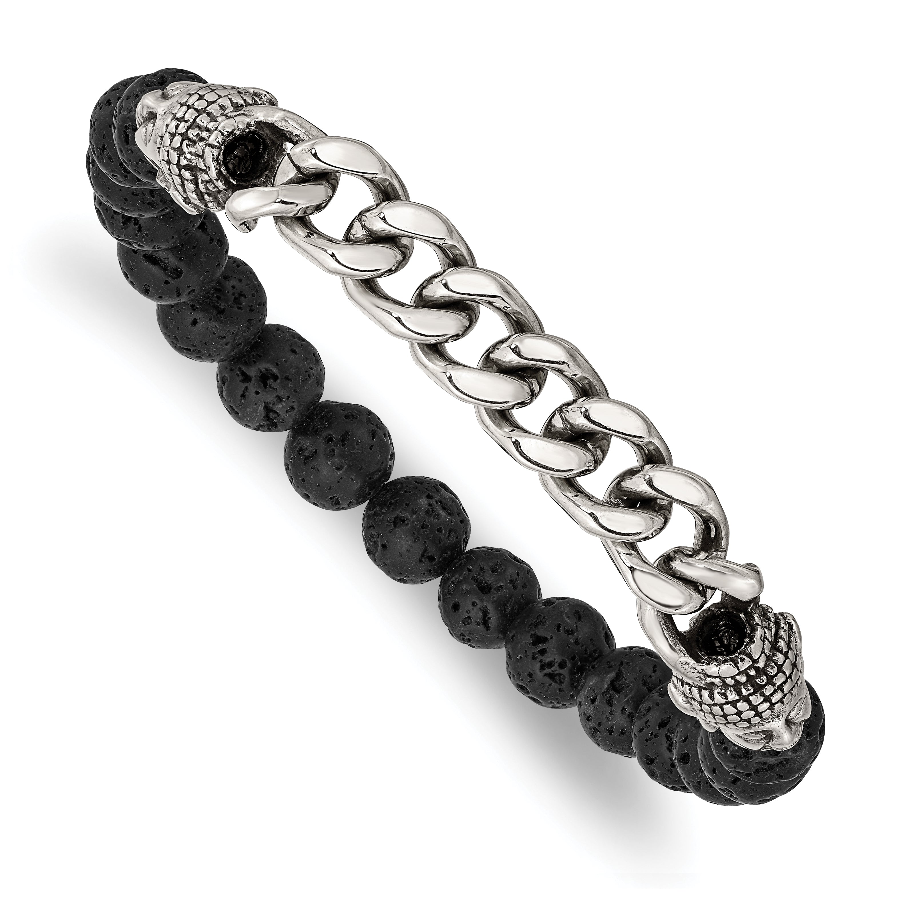 Chisel Stainless Steel Antiqued and Polished Buddha 8mm Lava Stone Beaded Stretch Bracelet