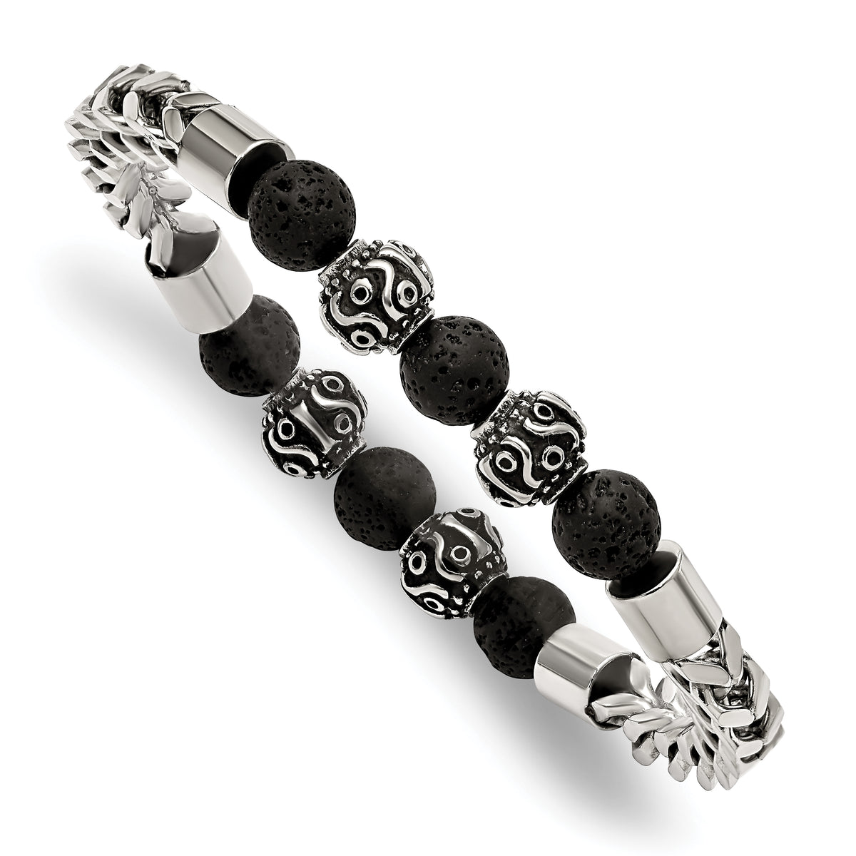 Chisel Stainless Steel Antiqued and Polished with 8mm Lava Stone BeadedStretch Bracelet