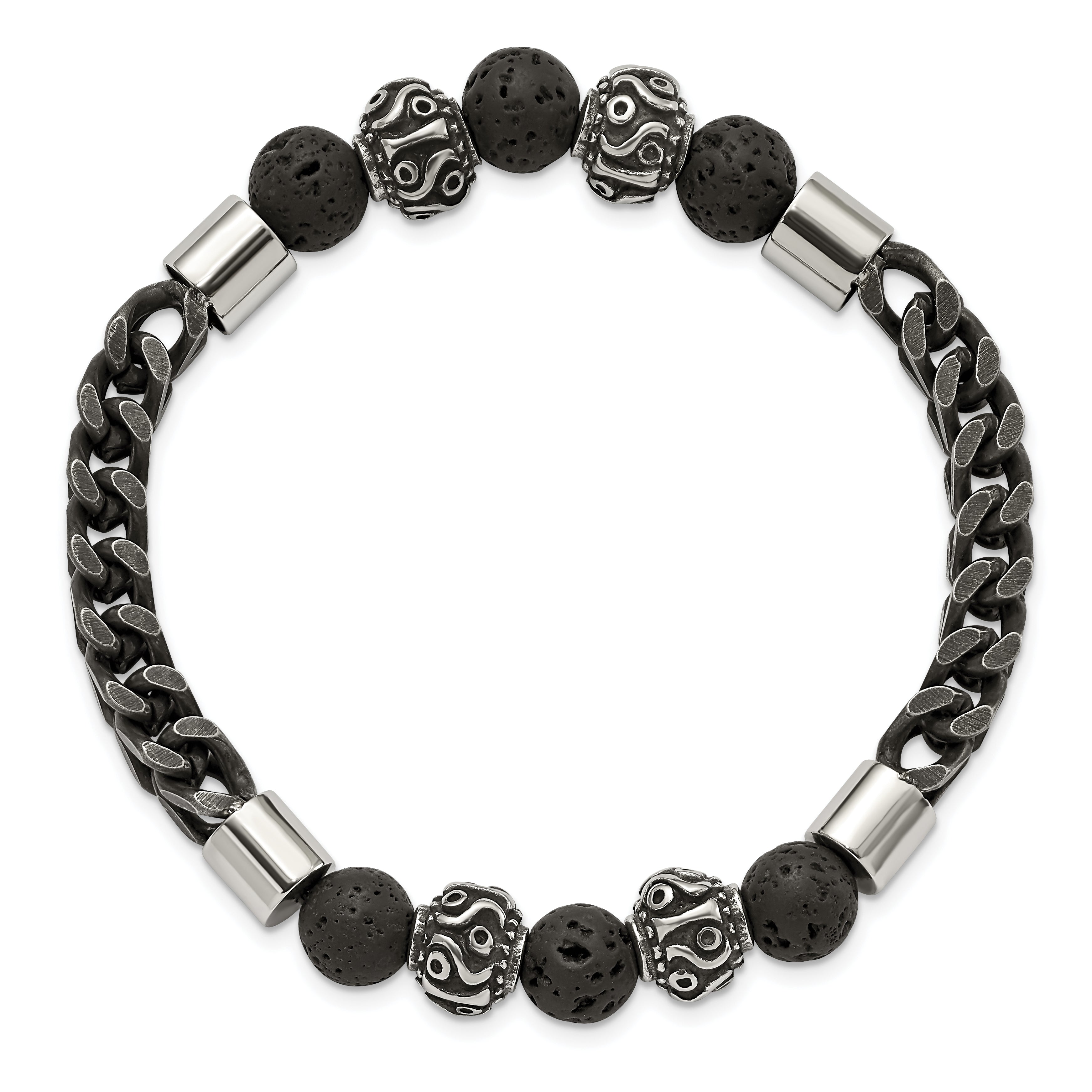 Chisel Stainless Steel Antiqued and Polished Black IP-plated Chain 8mm Lava Stone Beaded Stretch Bracelet