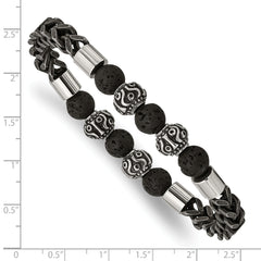 Chisel Stainless Steel Antiqued and Polished Black IP-plated Chain 8mm Lava Stone Beaded Stretch Bracelet