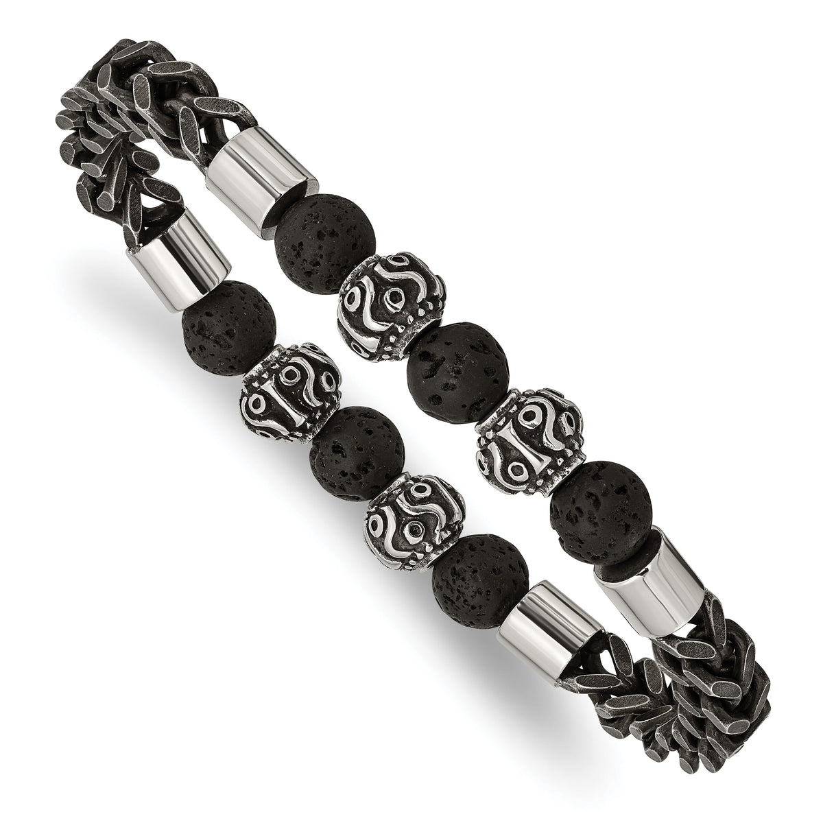 Chisel Stainless Steel Antiqued and Polished Black IP-plated Chain 8mm Lava Stone Beaded Stretch Bracelet