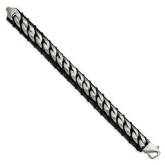 Chisel Stainless Steel Brushed Curb Chain and Black Leather 8.5 inch Bracelet