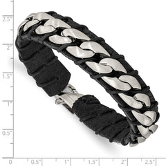 Chisel Stainless Steel Brushed Curb Chain and Black Leather 8.5 inch Bracelet