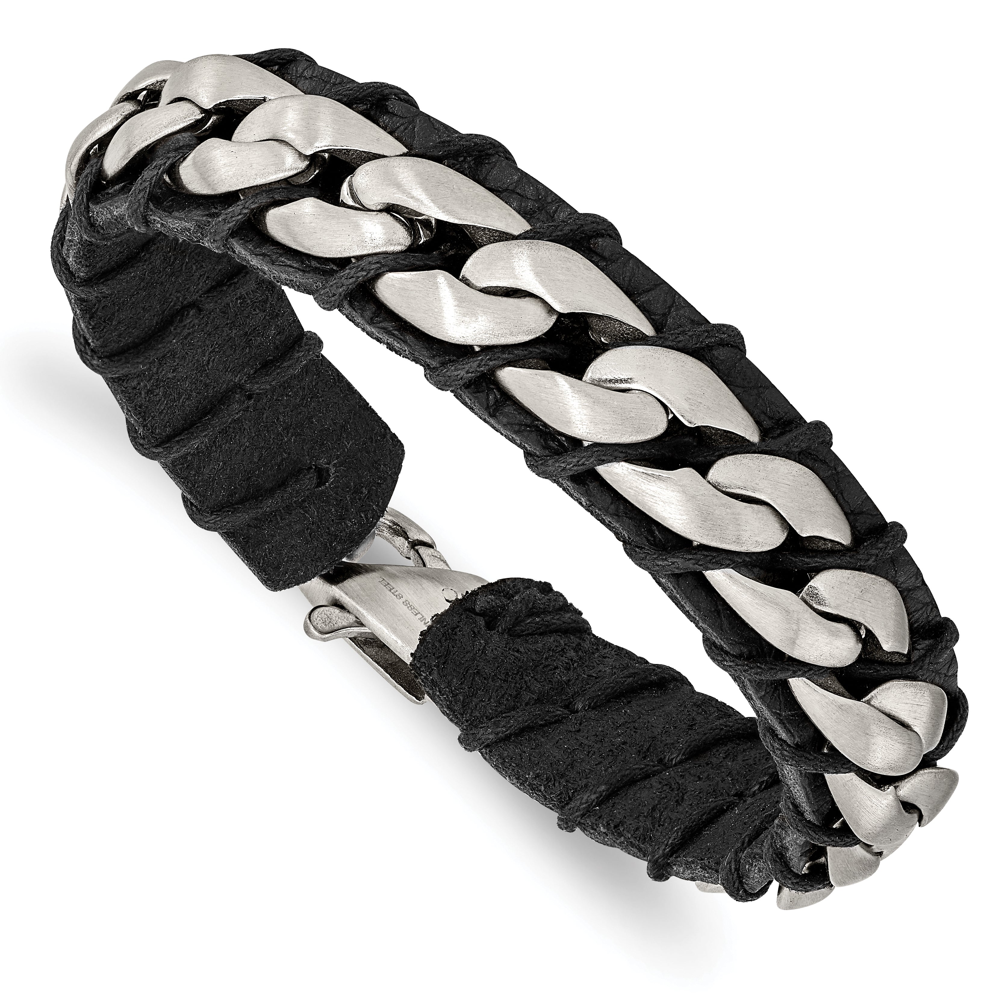 Chisel Stainless Steel Brushed Curb Chain and Black Leather 8.5 inch Bracelet