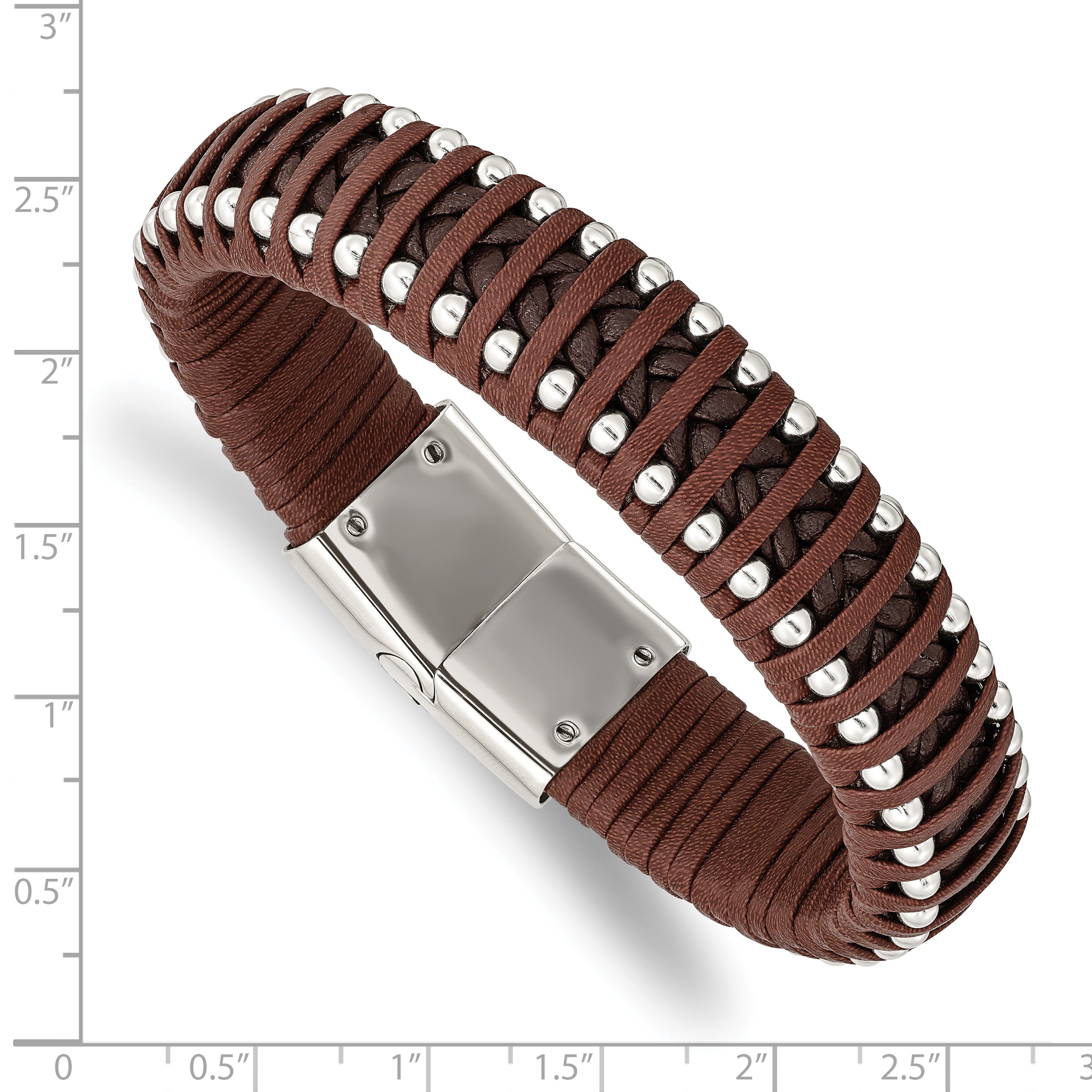 Stainless Steel Polished Beaded Brown Leather 8.25in Bracelet