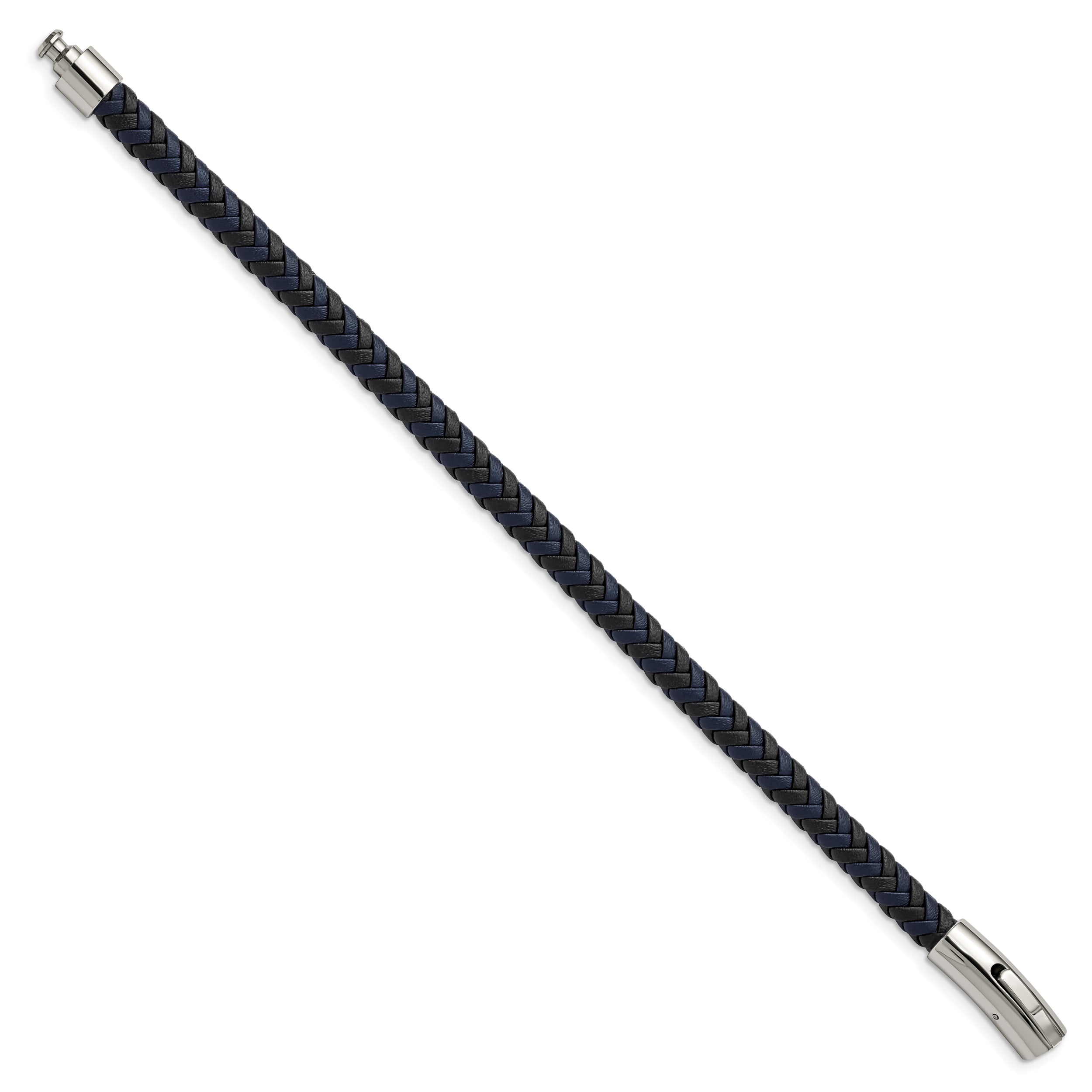 Chisel Stainless Steel Polished Black and Blue Braided Leather 8.25 inch Bracelet