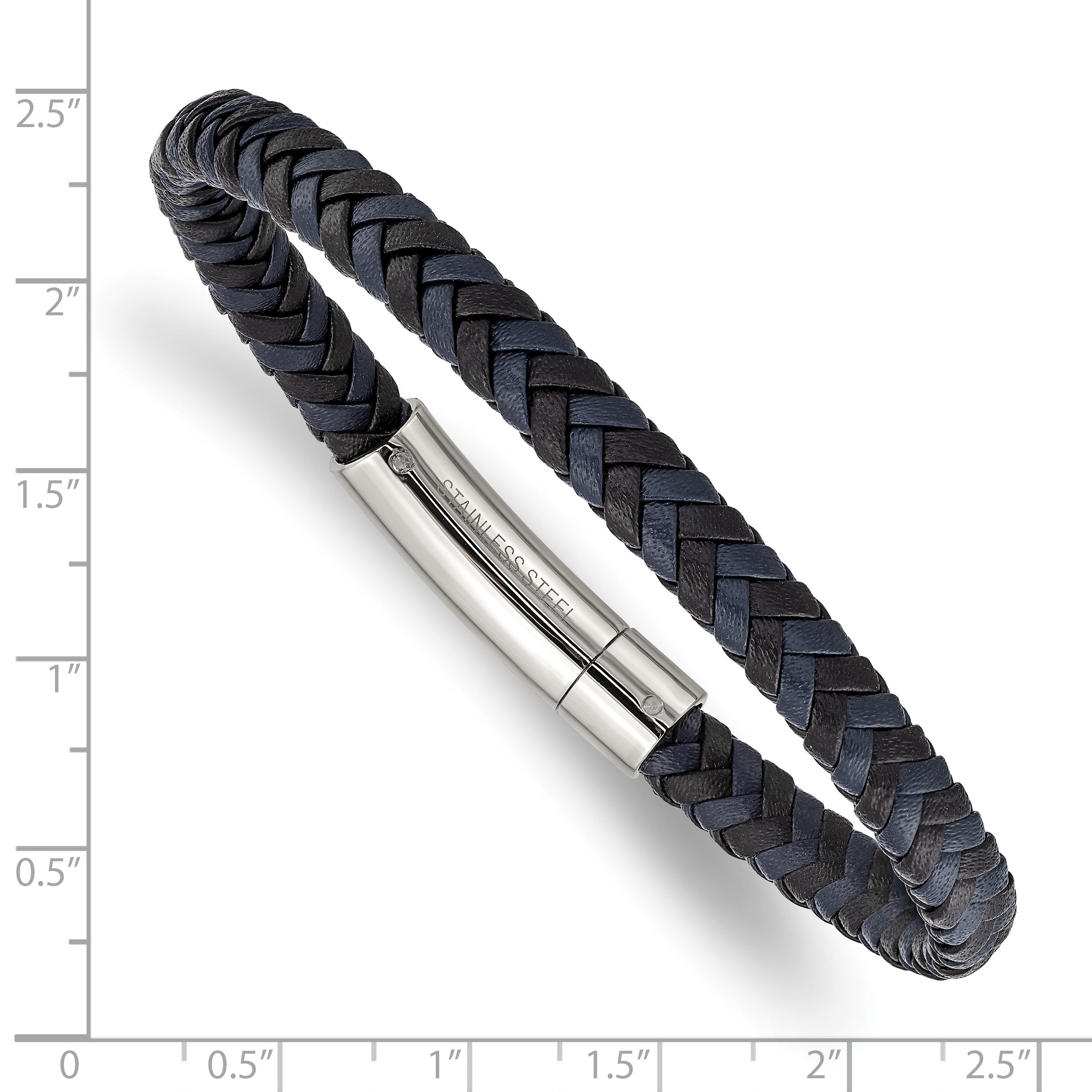 Chisel Stainless Steel Polished Black and Blue Braided Leather 8.25 inch Bracelet