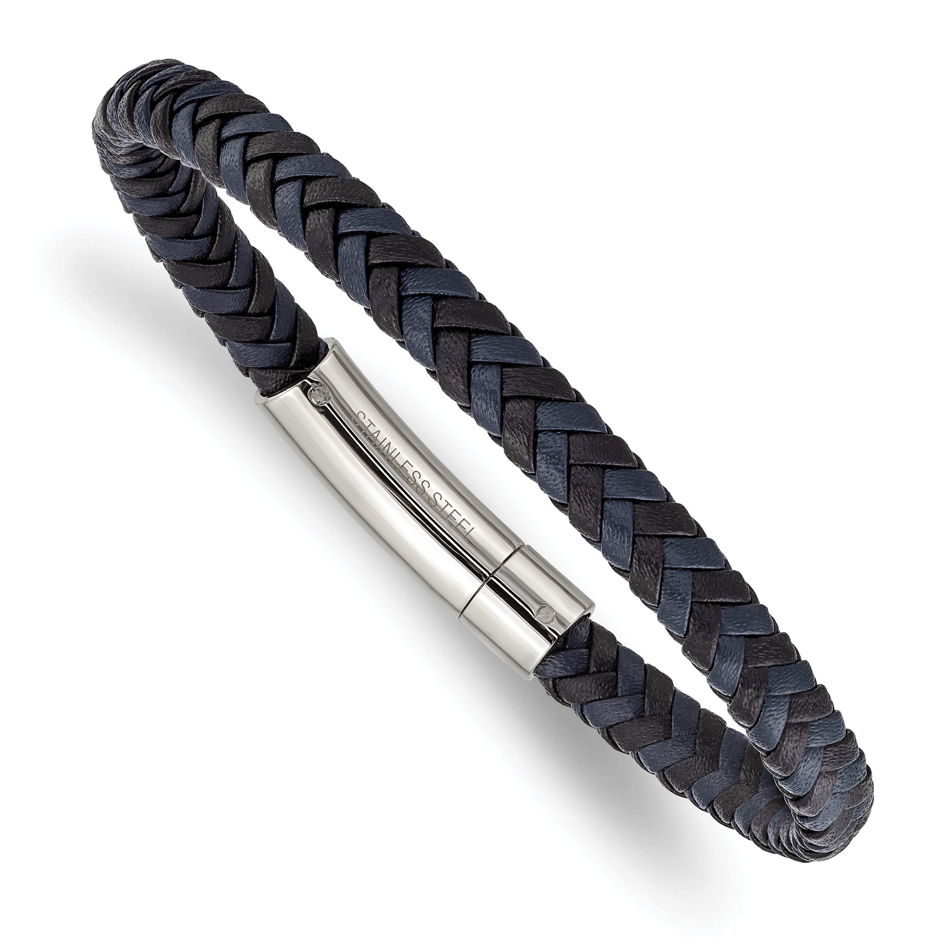 Chisel Stainless Steel Polished Black and Blue Braided Leather 8.25 inch Bracelet