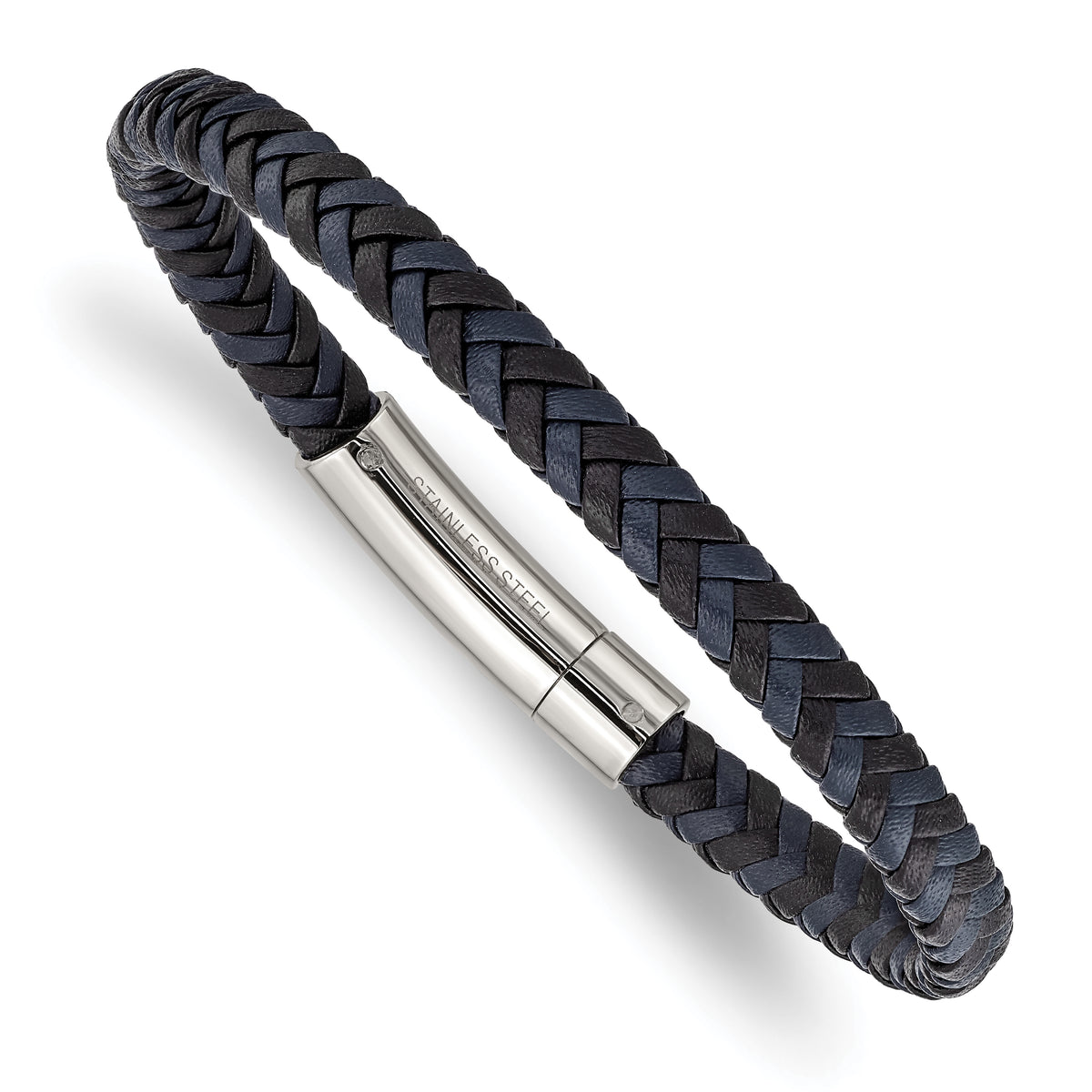 Chisel Stainless Steel Polished Black and Blue Braided Leather 8.25 inch Bracelet