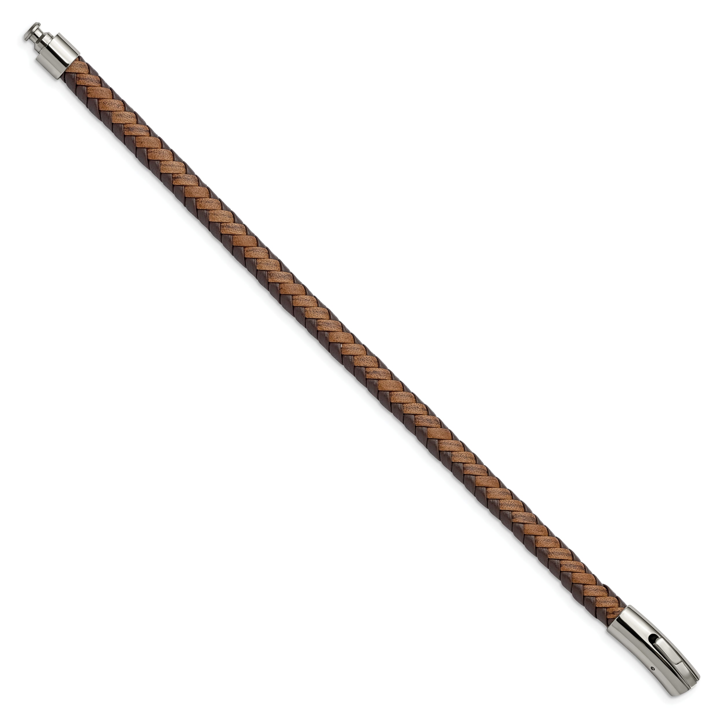 Chisel Stainless Steel Polished Brown Braided Leather 8.25 inch Bracelet