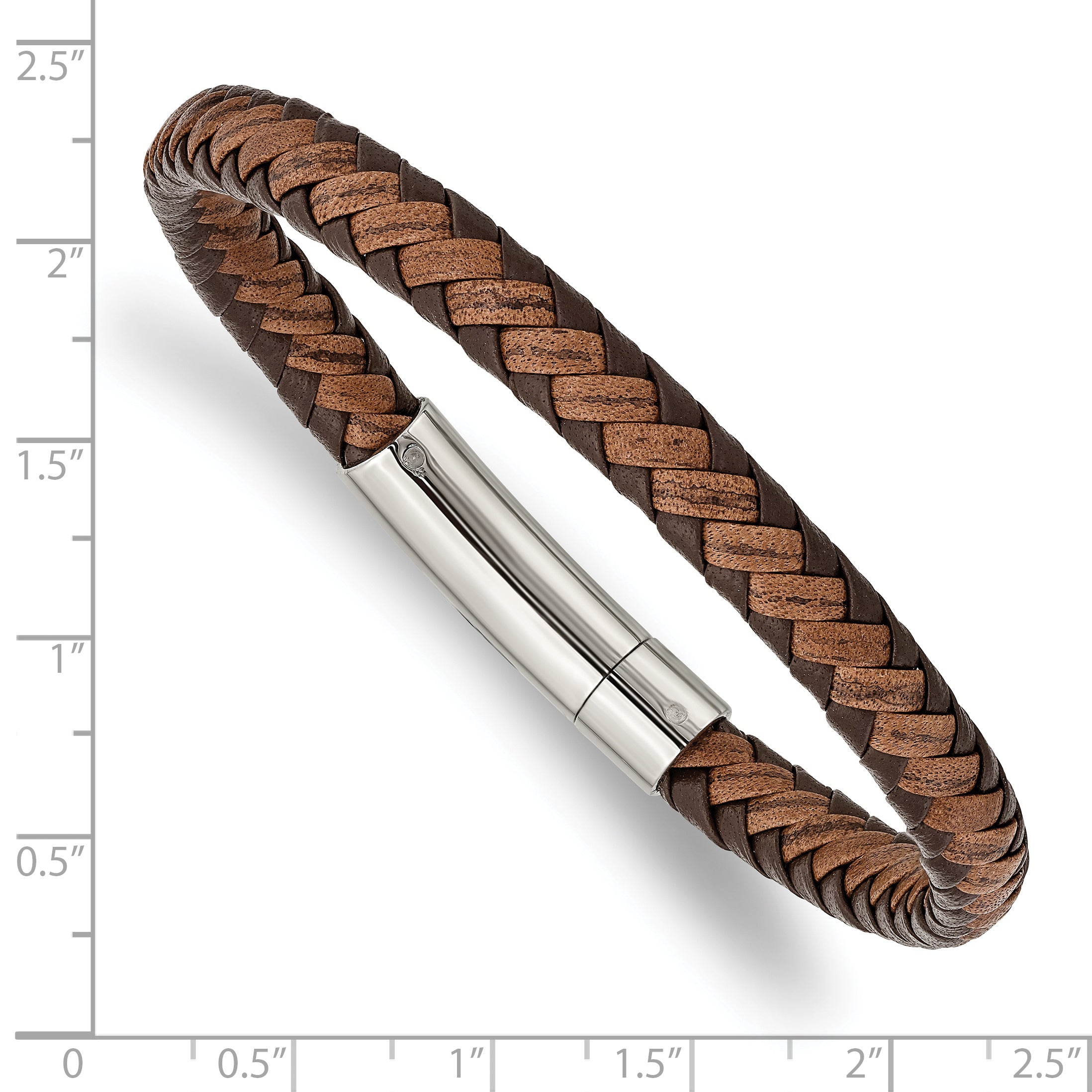 Chisel Stainless Steel Polished Brown Braided Leather 8.25 inch Bracelet