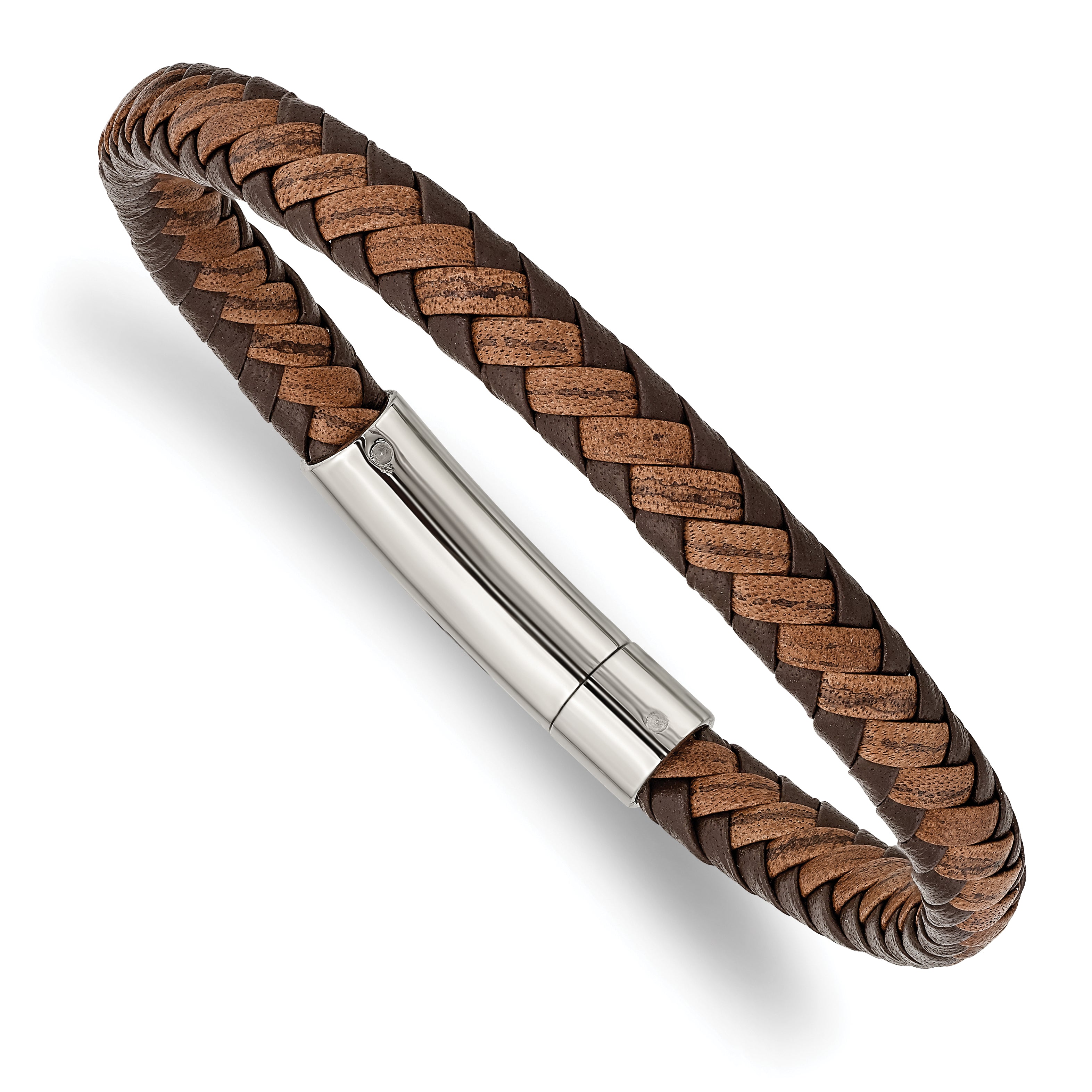 Chisel Stainless Steel Polished Brown Braided Leather 8.25 inch Bracelet