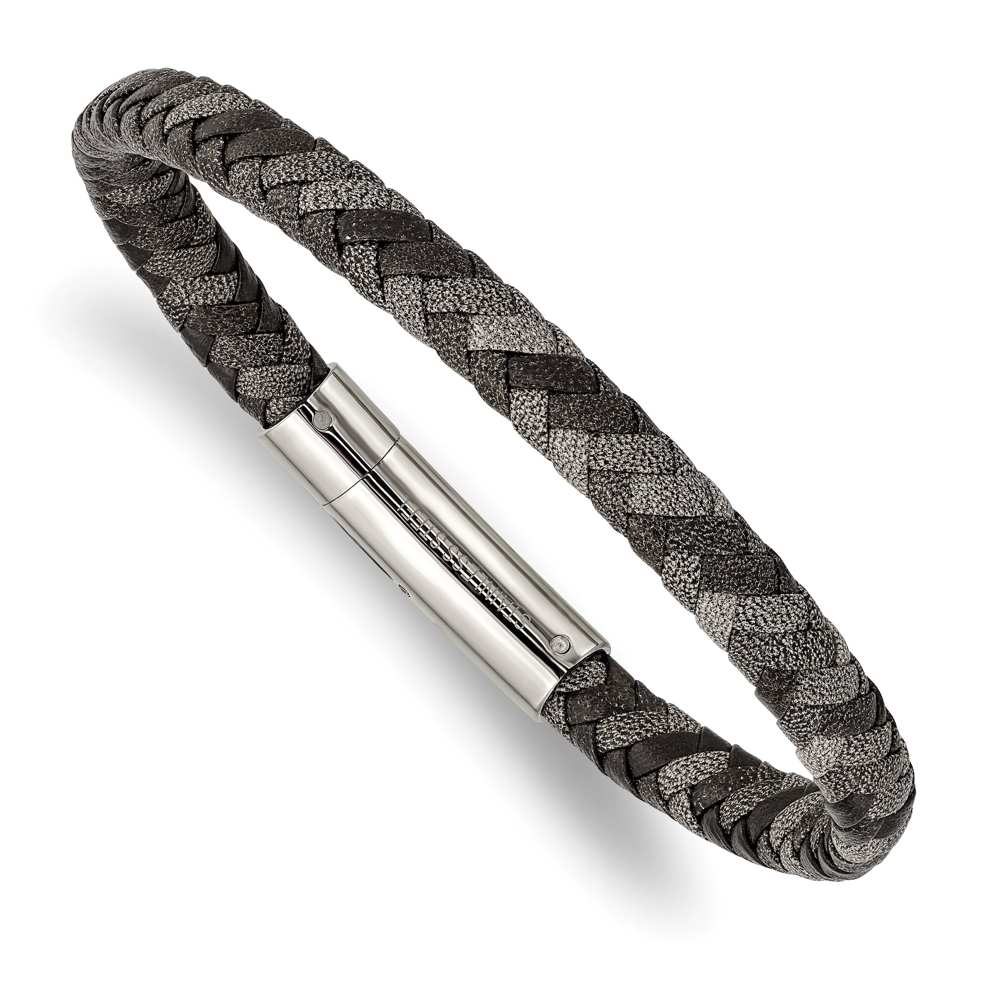 Chisel Stainless Steel Polished Black and Grey Braided Leather 8.25 inch Bracelet