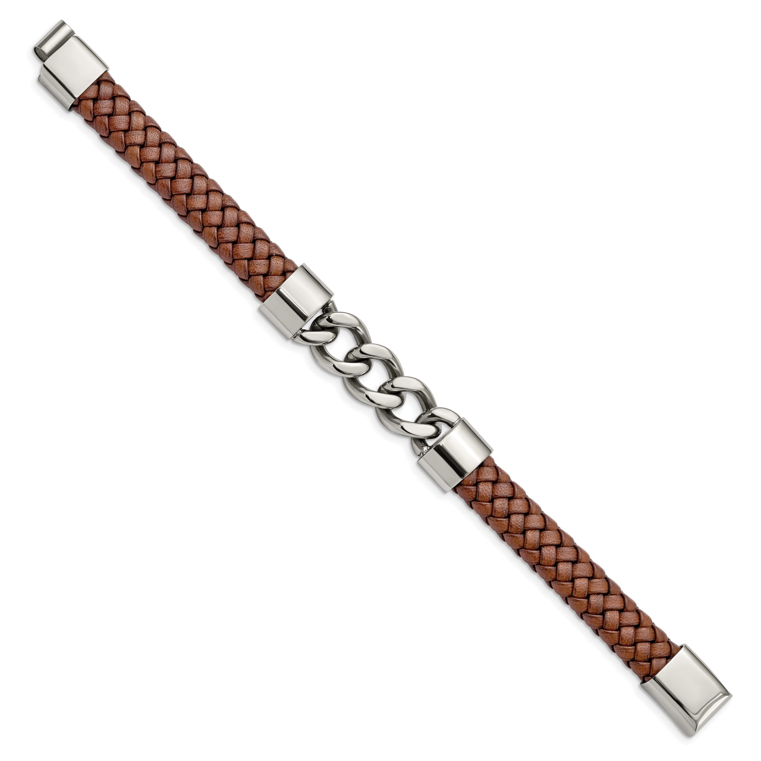 Chisel Stainless Steel Polished Chain and Braided Brown Leather 8.25 inch Bracelet