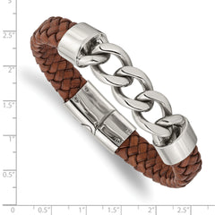 Chisel Stainless Steel Polished Chain and Braided Brown Leather 8.25 inch Bracelet