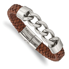 Chisel Stainless Steel Polished Chain and Braided Brown Leather 8.25 inch Bracelet