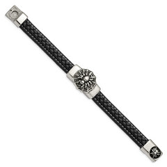 Chisel Stainless Steel Antiqued and Polished Spider Black Braided Faux Leather 8.5 inch Bracelet