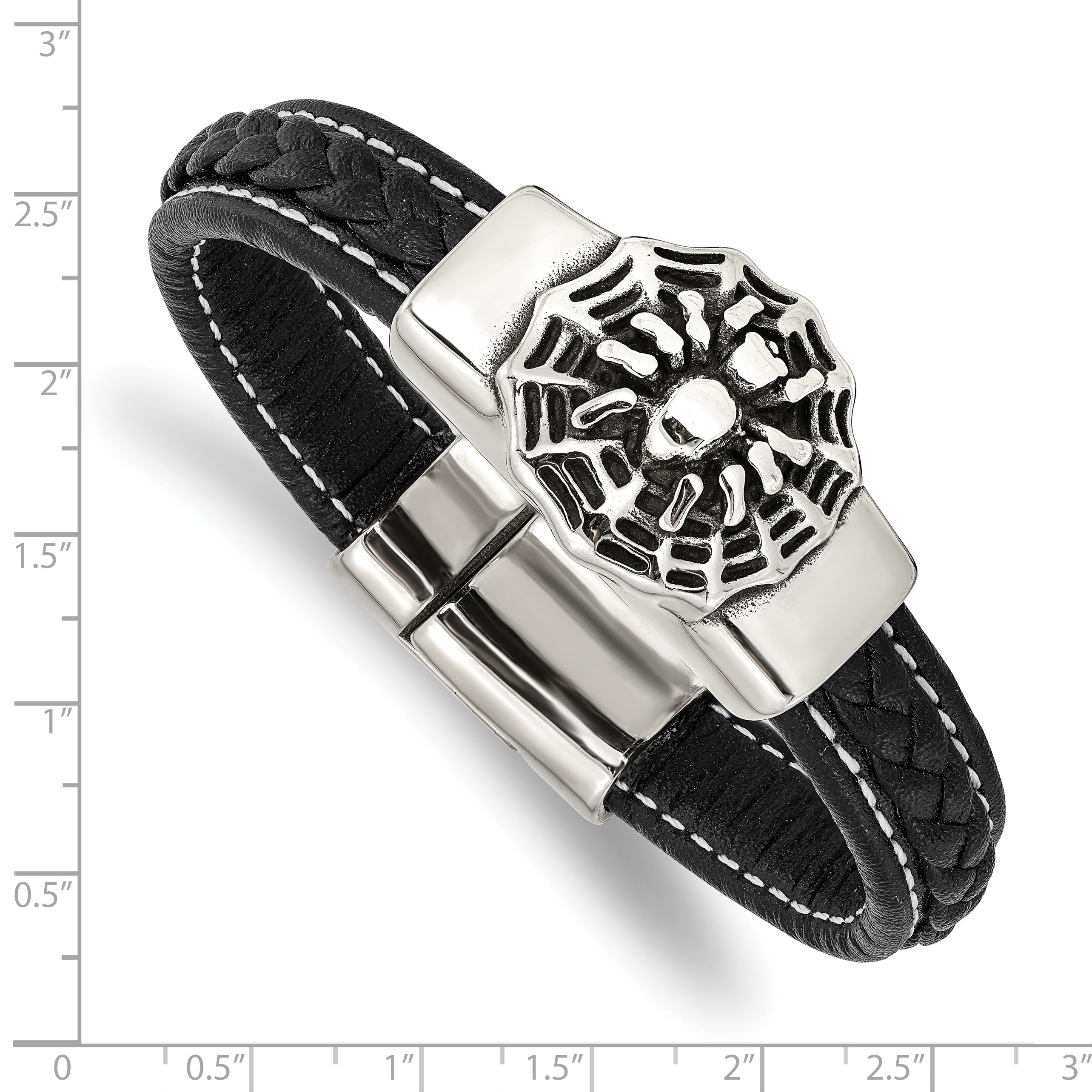 Chisel Stainless Steel Antiqued and Polished Spider Black Braided Faux Leather 8.5 inch Bracelet