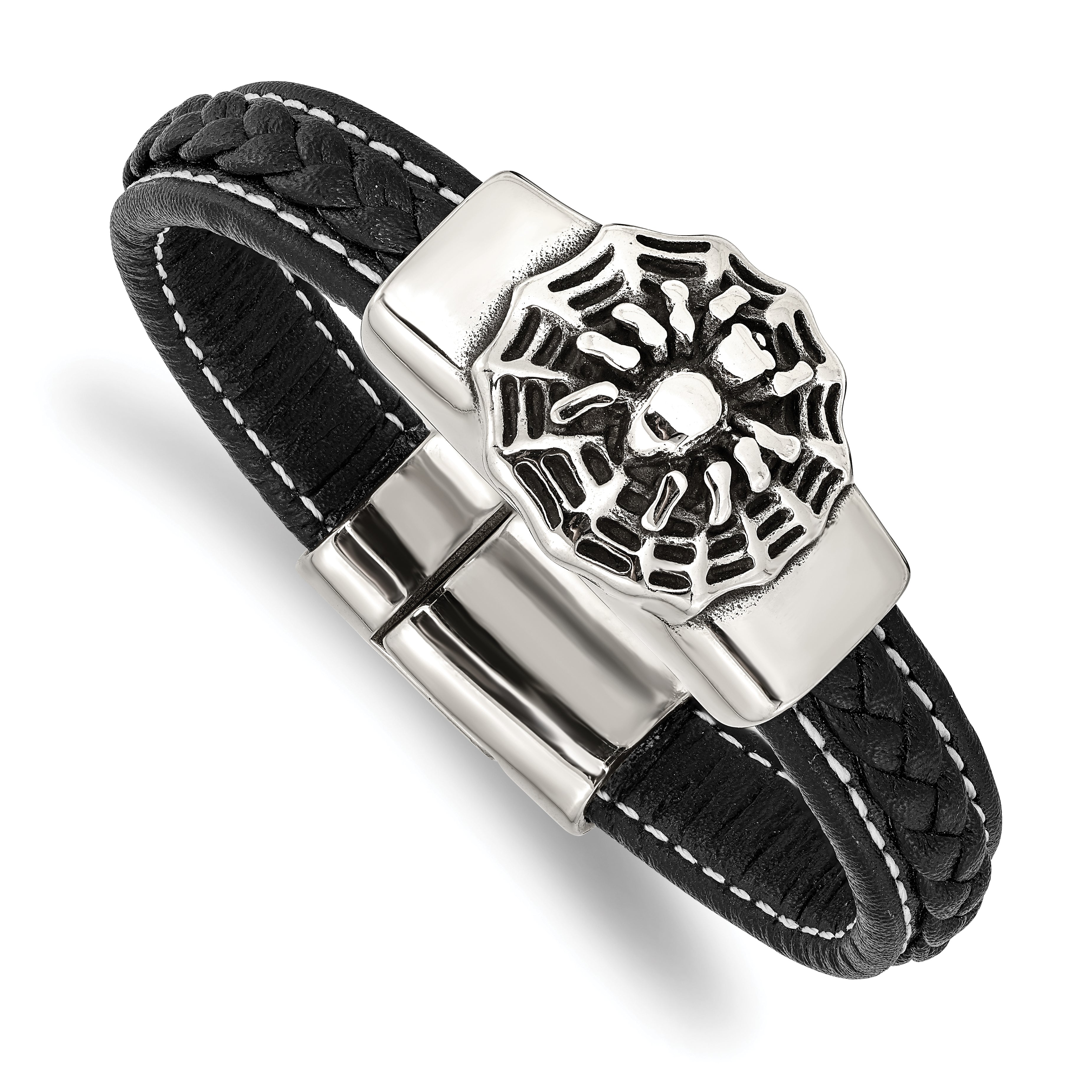 Chisel Stainless Steel Antiqued and Polished Spider Black Braided Faux Leather 8.5 inch Bracelet