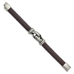 Chisel Stainless Steel Antiqued and Polished Dark Brown Braided Faux Leather 8.5 inch Bracelet