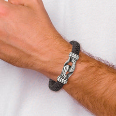 Chisel Stainless Steel Antiqued and Polished Dark Brown Braided Faux Leather 8.5 inch Bracelet