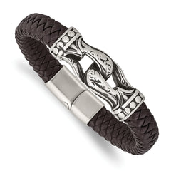 Chisel Stainless Steel Antiqued and Polished Dark Brown Braided Faux Leather 8.5 inch Bracelet