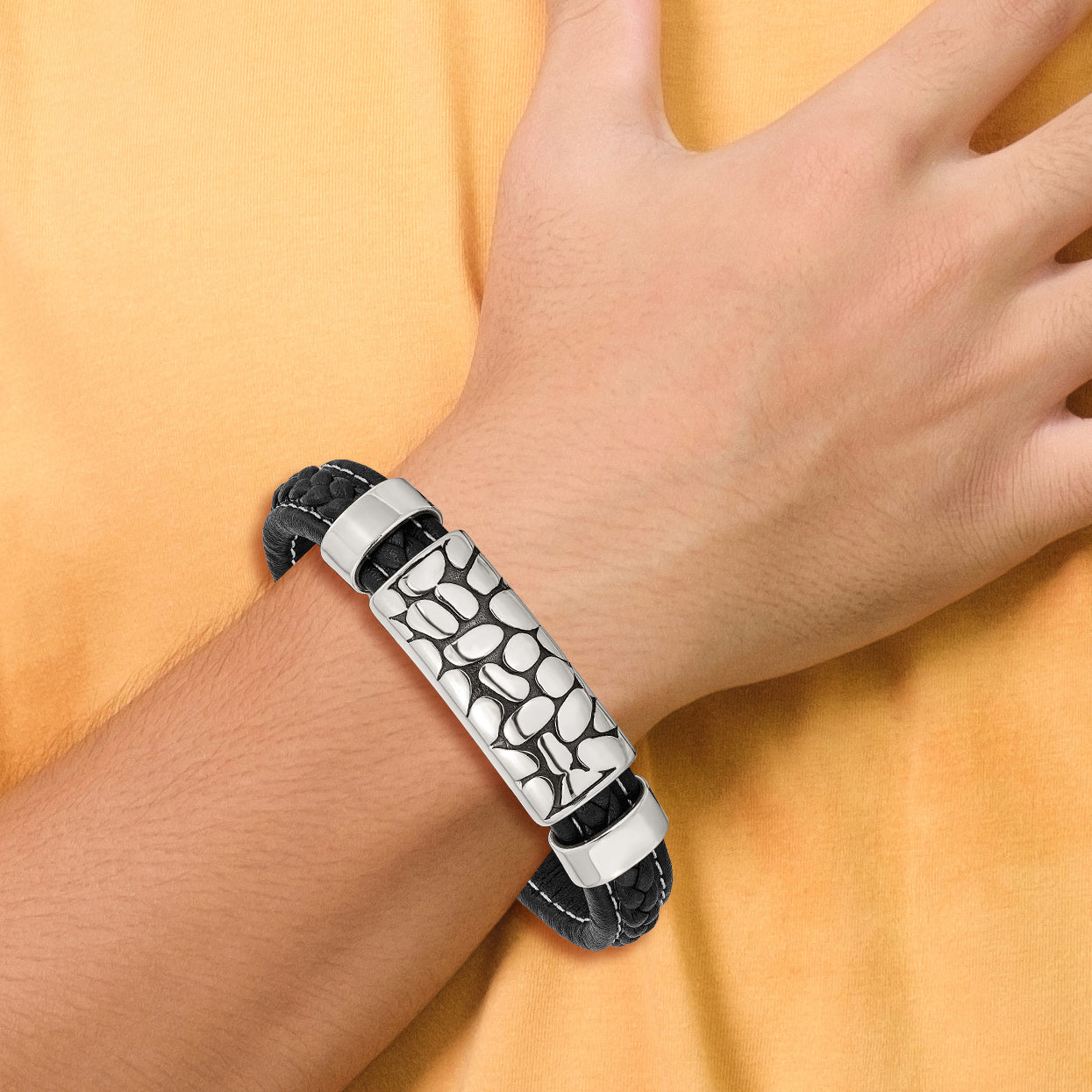 Stainless Steel Antiqued & Polished Black Faux Leather 8.5in Bracelet