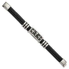 Chisel Stainless Steel Antiqued and Polished Enameled Skull with Crosses Black Braided Faux Leather 8.5 inch Bracelet