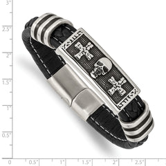 Chisel Stainless Steel Antiqued and Polished Enameled Skull with Crosses Black Braided Faux Leather 8.5 inch Bracelet