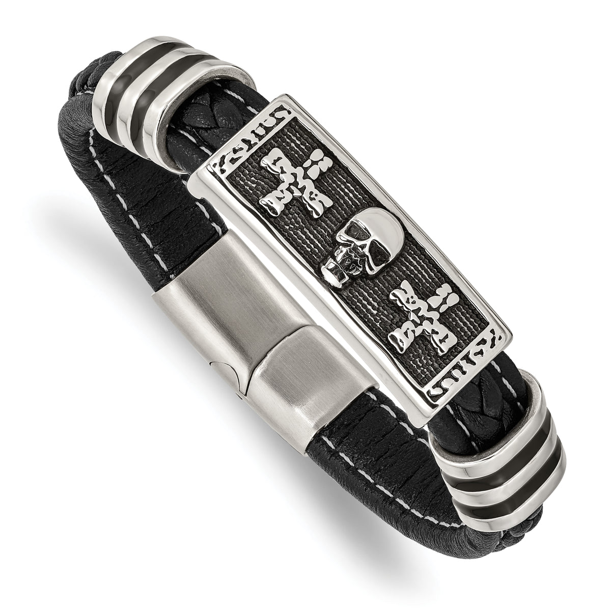 Chisel Stainless Steel Antiqued and Polished Enameled Skull with Crosses Black Braided Faux Leather 8.5 inch Bracelet