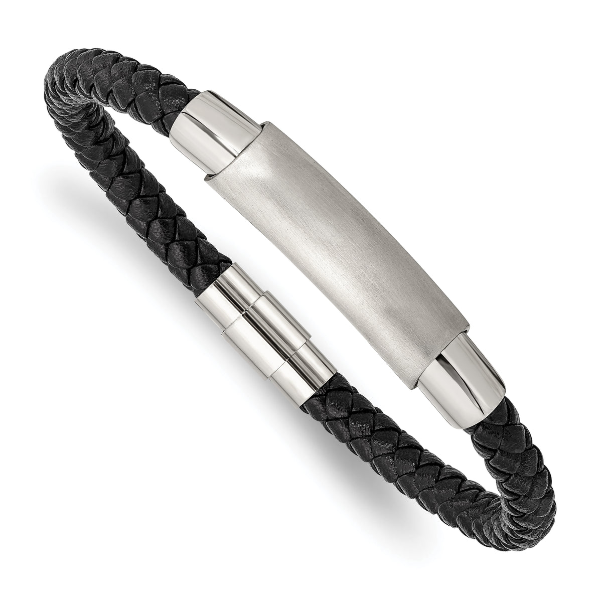 Chisel Stainless Steel Brushed and Polished Black Braided Leather 8.25 inch Bracelet