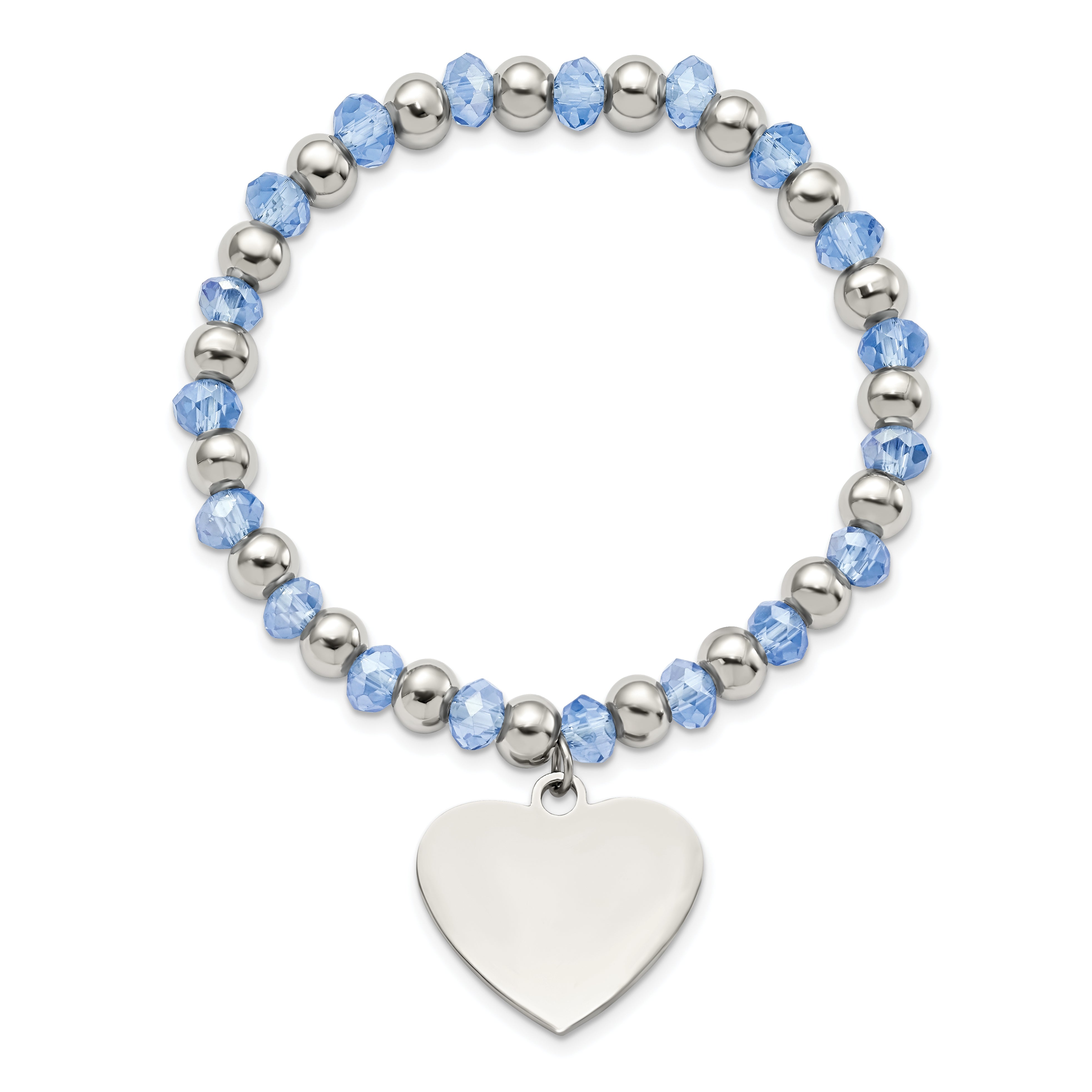 Chisel Stainless Steel Polished Heart Dangle Blue Glass Beaded Stretch Bracelet