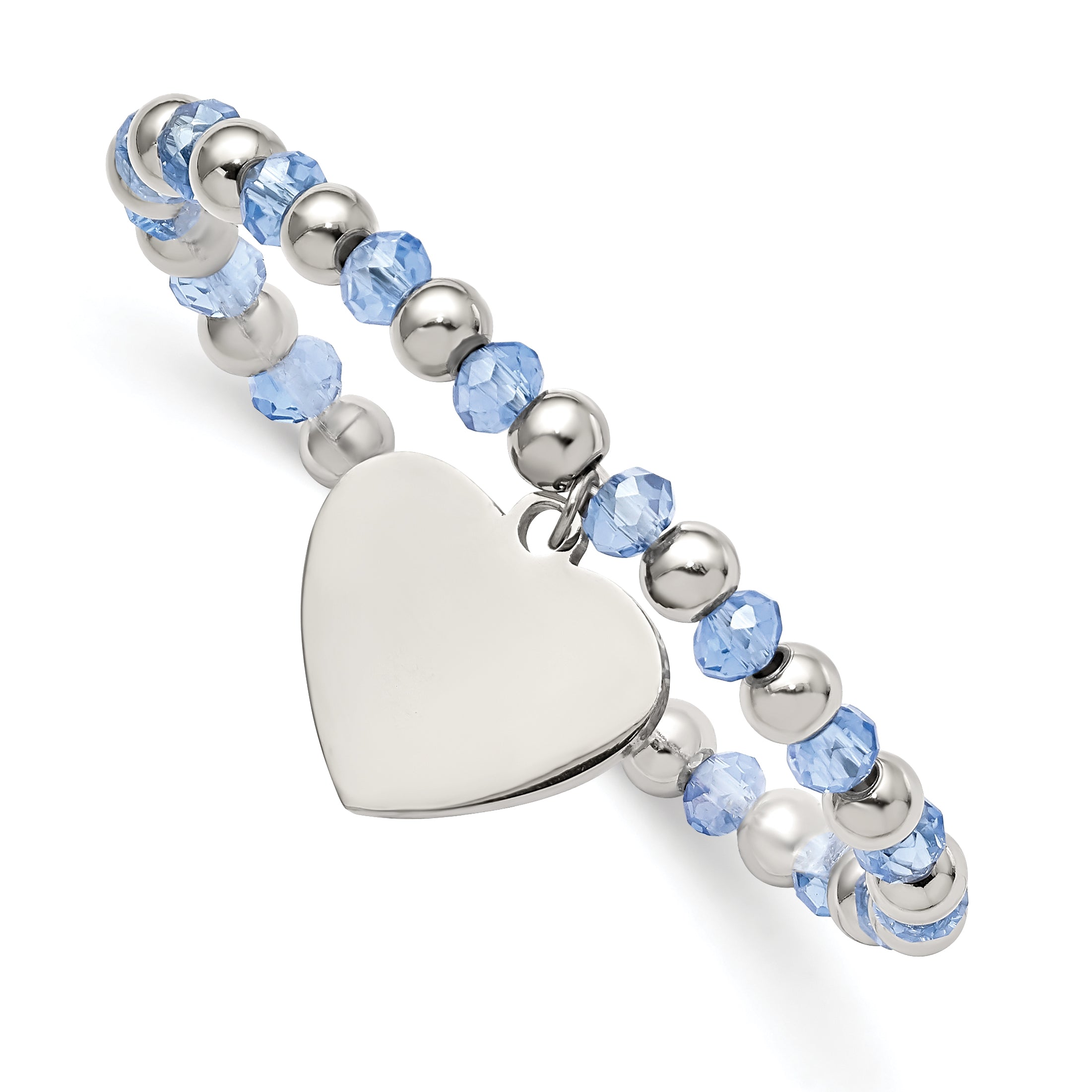 Chisel Stainless Steel Polished Heart Dangle Blue Glass Beaded Stretch Bracelet