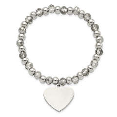 Chisel Stainless Steel Polished Heart Dangle 6mm Grey Glass Beaded Stretch Bracelet