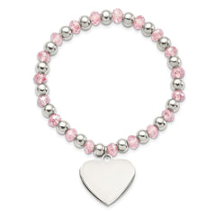 Chisel Stainless Steel Polished Heart Dangle 6mm Pink Glass Beaded Stretch Bracelet