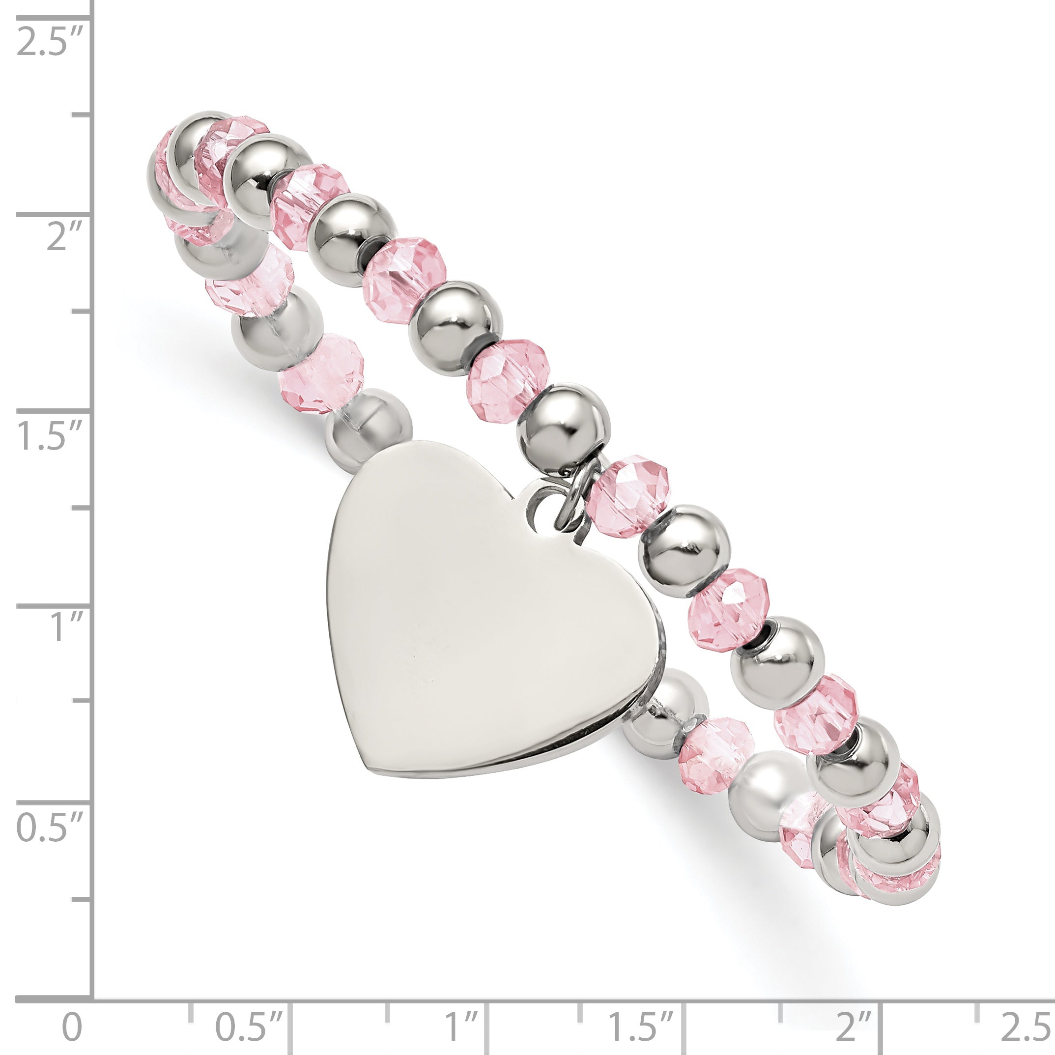 Chisel Stainless Steel Polished Heart Dangle 6mm Pink Glass Beaded Stretch Bracelet