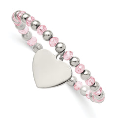 Chisel Stainless Steel Polished Heart Dangle 6mm Pink Glass Beaded Stretch Bracelet