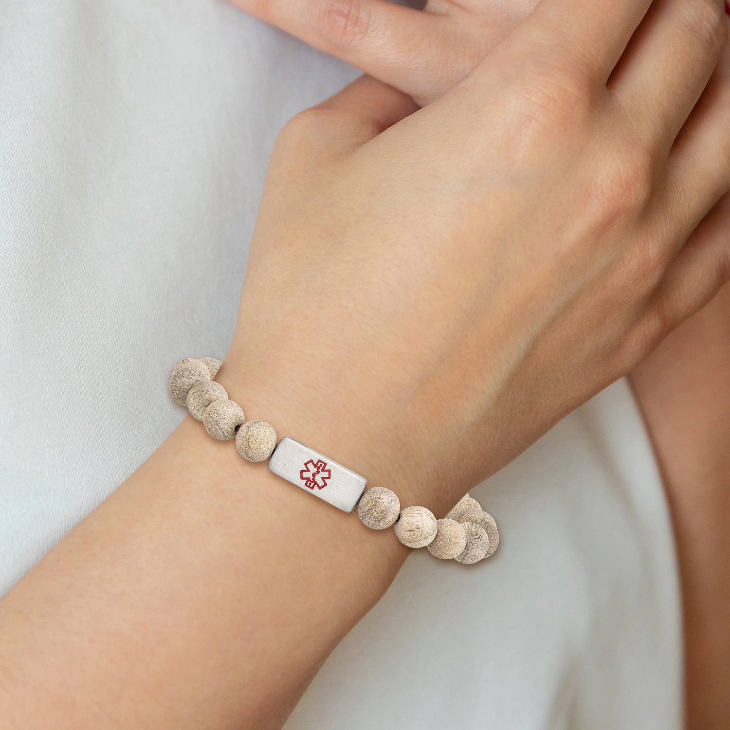 Stainless Steel Brushed with Enamel Medical ID Camphor Wood Bracelet