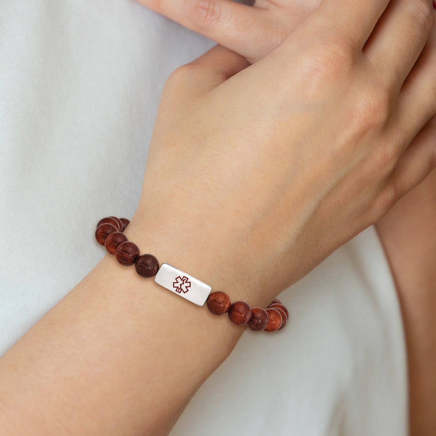 Stainless Steel Polished with Enamel Medical ID Padauk Wood Bracelet