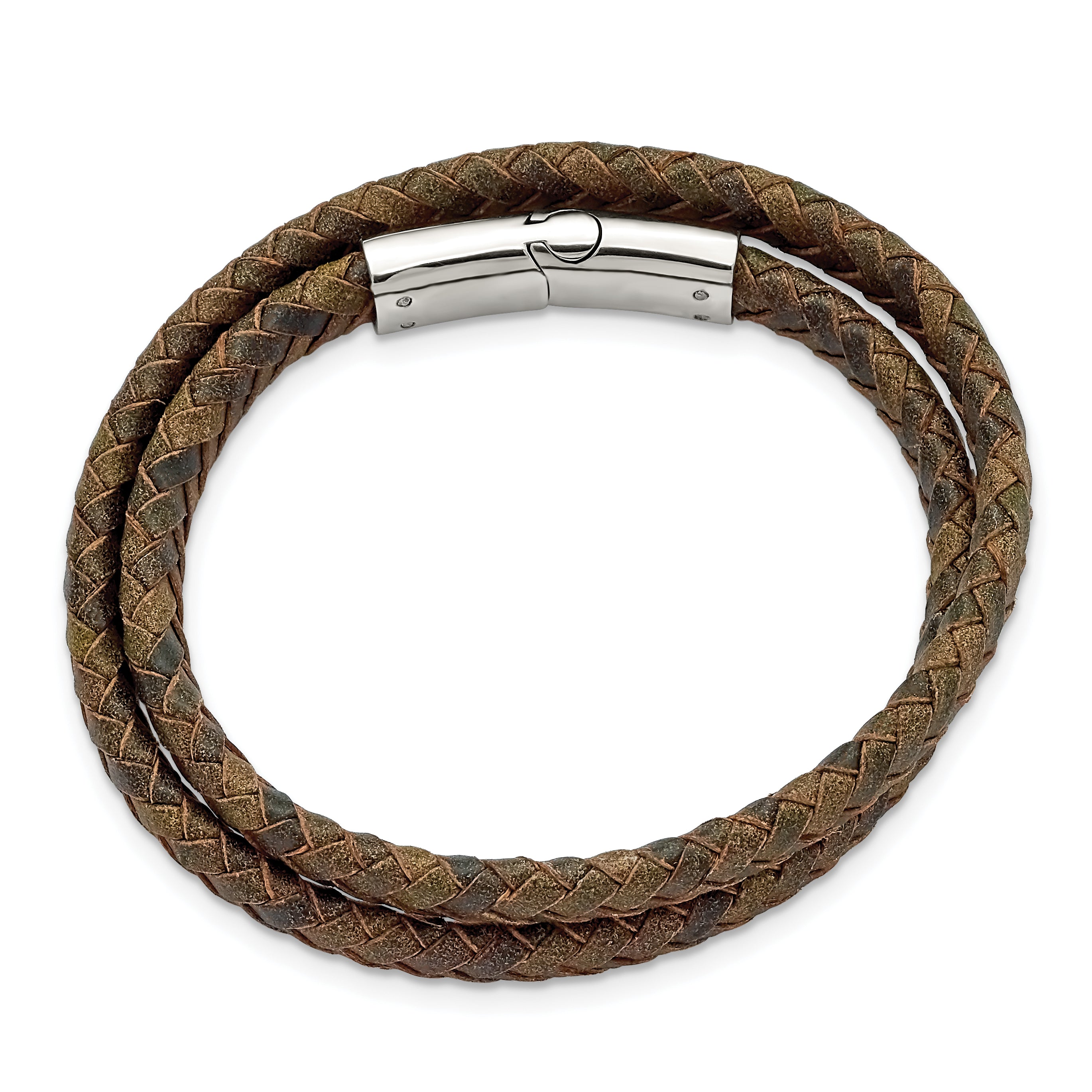 Chisel Stainless Steel Polished Brown Braided Leather 14.75 inch Wrap Bracelet