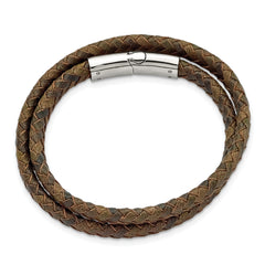 Chisel Stainless Steel Polished Brown Braided Leather 14.75 inch Wrap Bracelet