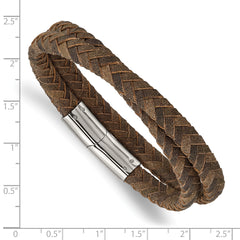 Chisel Stainless Steel Polished Brown Braided Leather 14.75 inch Wrap Bracelet