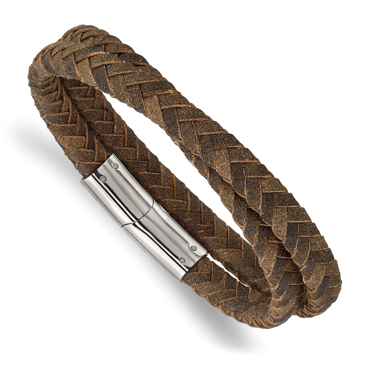 Chisel Stainless Steel Polished Brown Braided Leather 14.75 inch Wrap Bracelet