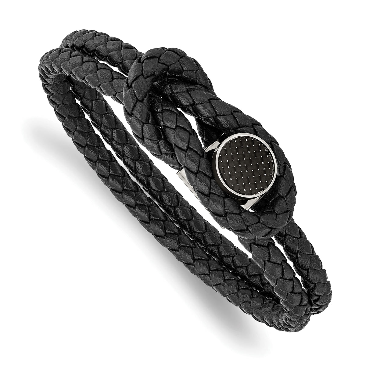 Chisel Stainless Steel Polished with Black Carbon Fiber Inlay Black Braided Leather 8.5 inch Bracelet